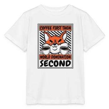 Le café d’abord, puis la domination du monde, le renard roux - T-shirt bio MINI CREATOR Stanley/Stella Enfant - blanc - Devant - Maike (125cm)