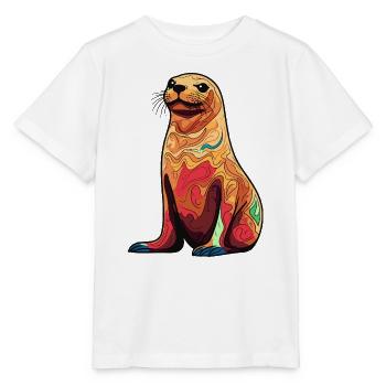 Bunter Seelöwen-Illustration - Stanley/Stella Kinder T-Shirt MINI CREATOR  - Weiß - Vorne - Maike (125cm)