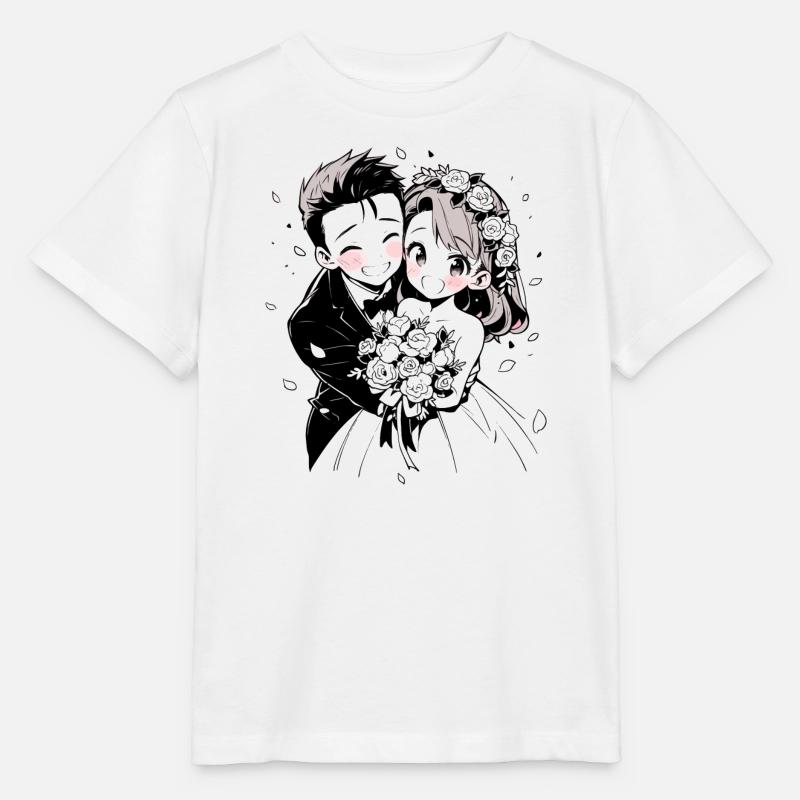 Aquarelle de mariage Anime Chibi mariée et le marié - T-shirt bio MINI CREATOR Stanley/Stella Enfant - blanc