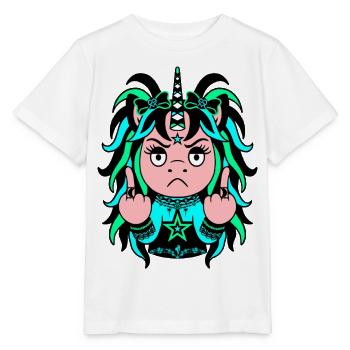 Cyan-ide: Blau-Grünes EinZORN mit Mittelfinger - Stanley/Stella Kinder T-Shirt MINI CREATOR  - Weiß - Vorne - Maike (125cm)
