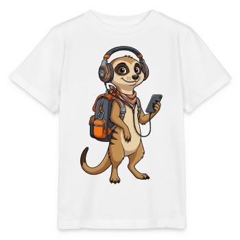 Meerkat mit Rucksack und Kopfhörern Erdmännchen - Stanley/Stella Kinder T-Shirt MINI CREATOR  - Weiß - Vorne - Maike (125cm)
