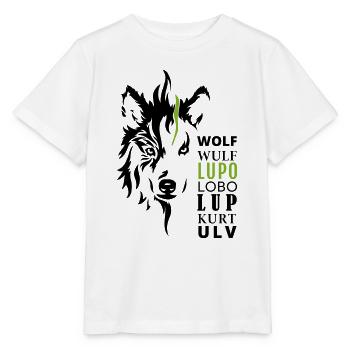Motif loup GOWILD - en 7 langues - T-shirt bio MINI CREATOR Stanley/Stella Enfant - blanc - Devant - Maike (125cm)