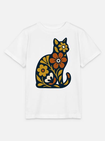 Blütenkatze Folk-Art Muster - Stanley/Stella Kinder T-Shirt MINI CREATOR  - Weiß