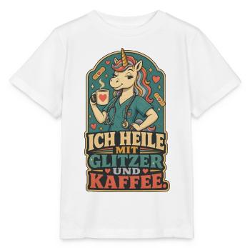 Einhorn Pflege Glitzer Kaffee Shirt - Stanley/Stella Kinder T-Shirt MINI CREATOR  - Weiß - Vorne - Maike (125cm)