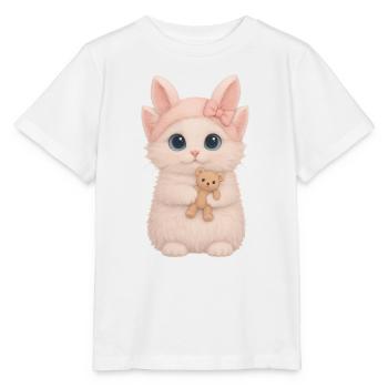 Cute fluffy cat with teddy bear - Stanley/Stella MINI CREATOR Kids’ T-Shirt - white - Front - Maike (125cm)