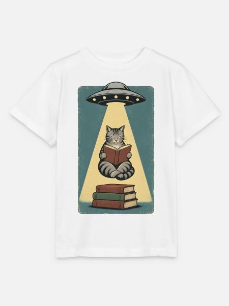 Lesende Katze im UFO Strahl - Stanley/Stella Kinder T-Shirt MINI CREATOR  - Weiß