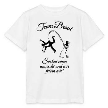 Team Braut Ehemann Angeln + Spruch (JGA / 1C) - Stanley/Stella Kinder T-Shirt MINI CREATOR  - Weiß - Vorne - Maike (125cm)