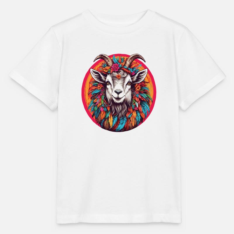 Chèvre avec coiffe de plumes et fleurs dans la roue chromatique - T-shirt bio MINI CREATOR Stanley/Stella Enfant - blanc