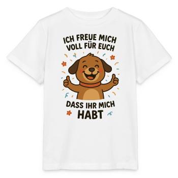 Cheerful dog with message - Stanley/Stella MINI CREATOR Kids’ T-Shirt - white - Front - Maike (125cm)