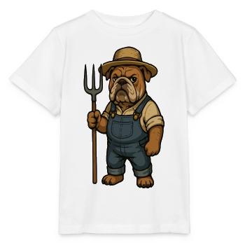 Bauerbulldogge hält Pitchfork Country Cartoon - Stanley/Stella Kinder T-Shirt MINI CREATOR  - Weiß - Vorne - Maike (125cm)