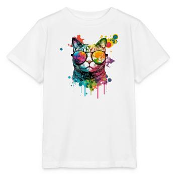 Farbenfrohe Katze mit Sonnenbrille - Stanley/Stella Kinder T-Shirt MINI CREATOR  - Weiß - Vorne - Maike (125cm)