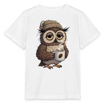 Verschlafene Eule Mit Kaffeetasse Cartoon - Stanley/Stella Kinder T-Shirt MINI CREATOR  - Weiß - Vorne - Maike (125cm)