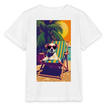 Chien au coucher du soleil sur une chaise longue de plage - T-shirt bio MINI CREATOR Stanley/Stella Enfant - blanc - Devant - Maike (125cm)