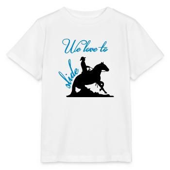 We love to slider Westernreiten Reining Sliding - Stanley/Stella Kinder T-Shirt MINI CREATOR  - Weiß - Vorne - Maike (125cm)