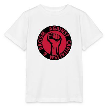 2 colors - against capitalism & racism - against - Stanley/Stella MINI CREATOR Kids’ T-Shirt - white - Front - Maike (125cm)