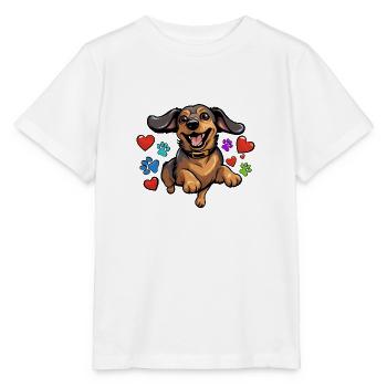 Heiterer Dackel mit Herzen und Pfoten - Stanley/Stella Kinder T-Shirt MINI CREATOR  - Weiß - Vorne - Maike (125cm)