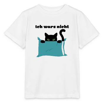 Katze versteckt sich hinter Kissen -Ich wars nicht - Stanley/Stella Kinder T-Shirt MINI CREATOR  - Weiß - Vorne - Maike (125cm)