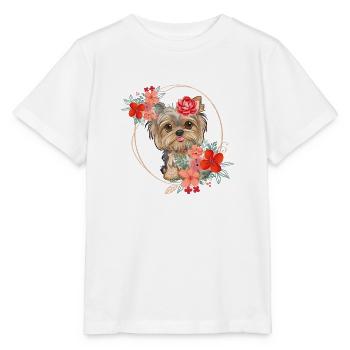 Frühlingsdesign - Yorkshire Terrier im Blumenkranz - Stanley/Stella Kinder T-Shirt MINI CREATOR  - Weiß - Vorne - Maike (125cm)