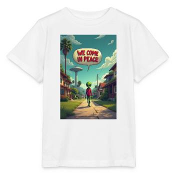 Ein netter, kleiner Alien entsteigt seinem UFO - Stanley/Stella Kinder T-Shirt MINI CREATOR  - Weiß - Vorne - Maike (125cm)