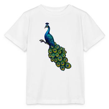 pfauen hahn in Edelblau, vögel,   - Stanley/Stella Kinder T-Shirt MINI CREATOR  - Weiß - Vorne - Maike (125cm)