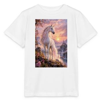Pastelleinhorn bei Sonnenuntergang über der Burg - Stanley/Stella Kinder T-Shirt MINI CREATOR  - Weiß - Vorne - Maike (125cm)