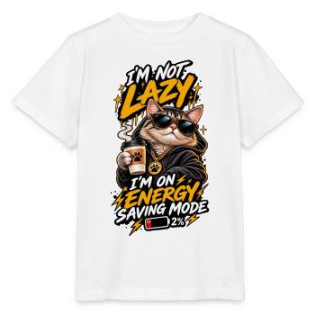 Energiegeladene Katze im Sparmodus - Stanley/Stella Kinder T-Shirt MINI CREATOR  - Weiß - Vorne - Maike (125cm)