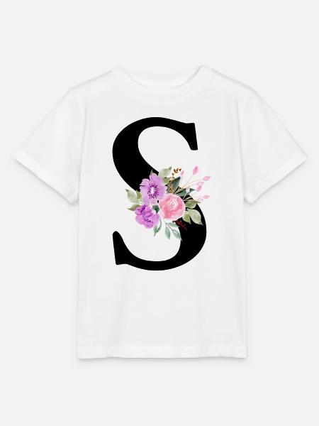 Lila Blumenbuchstabe S - Stanley/Stella Kinder T-Shirt MINI CREATOR  - Weiß