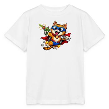 Chat super-héros en plein vol - T-shirt bio MINI CREATOR Stanley/Stella Enfant - blanc - Devant - Maike (125cm)