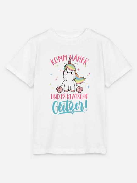 Komm näher und es klatscht Glitzer Einhorn Spruch - Stanley/Stella Kinder T-Shirt MINI CREATOR - Weiß