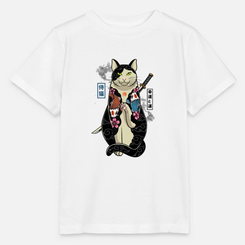 samurai cat - maneki neko - T-shirt bio MINI CREATOR Stanley/Stella Enfant - blanc