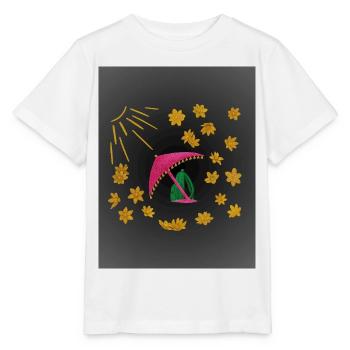 Goldene Blüten unter pinkem Strandschirm  - Stanley/Stella Kinder T-Shirt MINI CREATOR  - Weiß - Vorne - Maike (125cm)