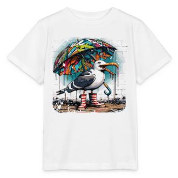 Street art seagull with umbrella and rubber boots - Stanley/Stella MINI CREATOR Kids’ T-Shirt - white - Front - Maike (125cm)