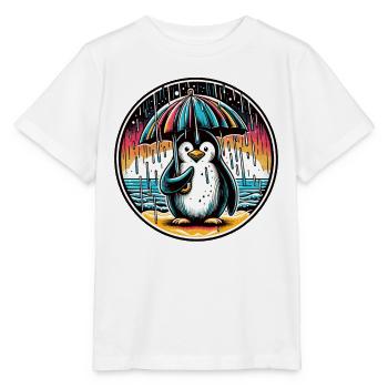 Penguin in the rain with umbrella on the beach - Stanley/Stella MINI CREATOR Kids’ T-Shirt - white - Front - Maike (125cm)
