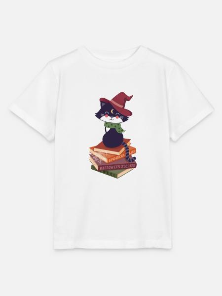 schwarze Katze auf Halloween-Bucherstapel - Stanley/Stella Kinder T-Shirt MINI CREATOR - Weiß