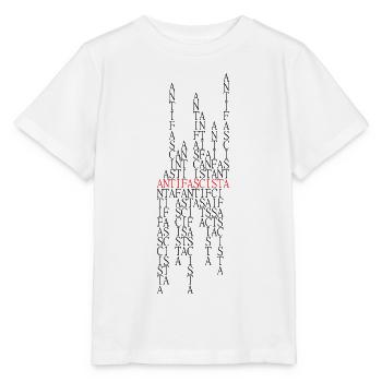Collage de typos antifascistes rouge/noir - T-shirt bio MINI CREATOR Stanley/Stella Enfant - blanc - Devant - Maike (125cm)