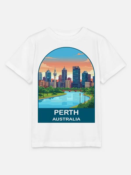 Perth, Australien Swan River Reiseplakat-Kunst - Stanley/Stella Kinder T-Shirt MINI CREATOR  - Weiß