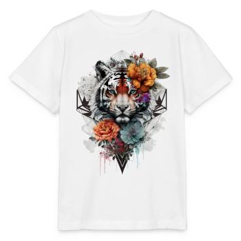 Tiger Blumen Mandala Kunst Geschenk Blaue Augen - Stanley/Stella Kinder T-Shirt MINI CREATOR  - Weiß - Vorne - Maike (125cm)