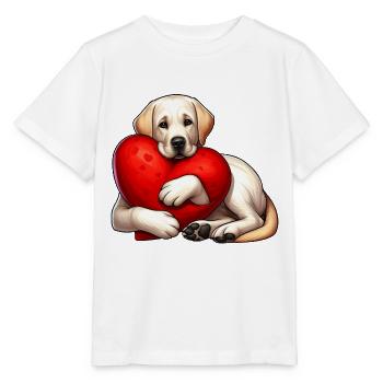 Cartoon of Labrador Retriever Hugging A Red Pillow - Stanley/Stella MINI CREATOR Kids’ T-Shirt - white - Front - Maike (125cm)