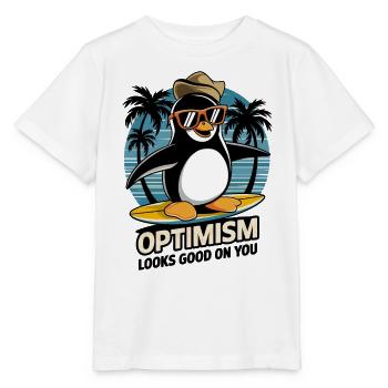 L’optimisme vous va bien Pingouin surfeur - T-shirt bio MINI CREATOR Stanley/Stella Enfant - blanc - Devant - Maike (125cm)