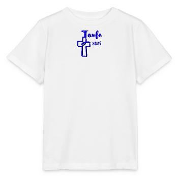 baptême 2025 trempettes de poisson en croix bleu contraste - T-shirt bio MINI CREATOR Stanley/Stella Enfant - blanc - Devant - Maike (125cm)