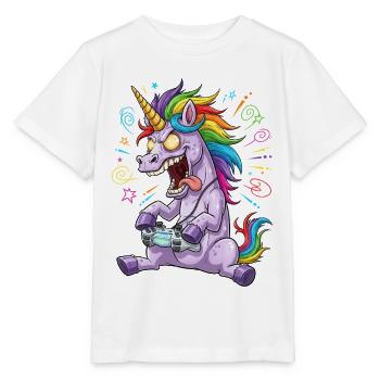 Rainbow Unicorn Gamer Crazy Funny - Stanley/Stella MINI CREATOR Kids’ T-Shirt - white - Front - Maike (125cm)