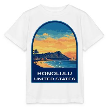 Badge de voyage Diamond Head Sunset à Honolulu, Hawaï - T-shirt bio MINI CREATOR Stanley/Stella Enfant - blanc - Devant - Maike (125cm)