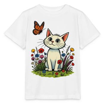 Chat blanc avec papillon sur la prairie fleurie - T-shirt bio MINI CREATOR Stanley/Stella Enfant - blanc - Devant - Maike (125cm)