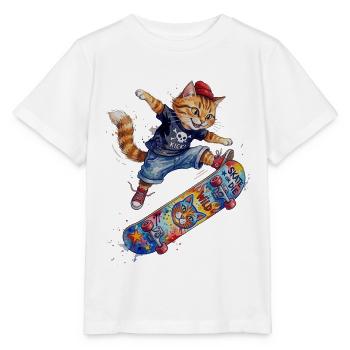 Coole Skater Katze auf Skateboard-Aquarell Design - Stanley/Stella Kinder T-Shirt MINI CREATOR  - Weiß - Vorne - Maike (125cm)