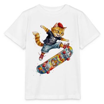 Cool Skating Cat Skateboard Watercolor Design - Stanley/Stella Kinder T-Shirt MINI CREATOR  - Weiß - Vorne - Maike (125cm)