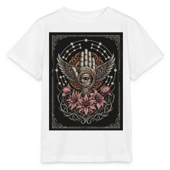 Geflügelte Hand mit zentralem Auge und Blumen - Stanley/Stella Kinder T-Shirt MINI CREATOR  - Weiß - Vorne - Maike (125cm)