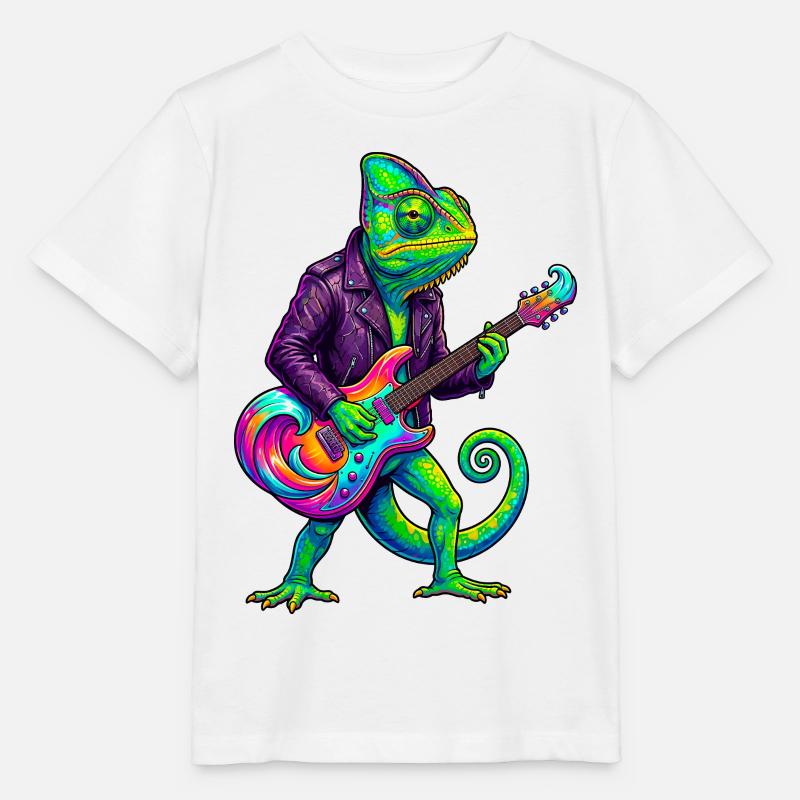 Chamäleon in Lederjacke und Neon E-Gitarre - Stanley/Stella Kinder T-Shirt MINI CREATOR  - Weiß