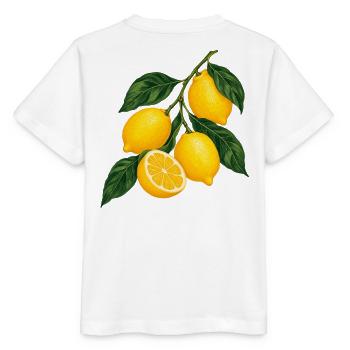 Zitruszweig Gelbe Lemons Motiv - Stanley/Stella Kinder T-Shirt MINI CREATOR  - Weiß - Hinten - Maike (125cm)
