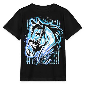 Blaues Pferd - Pferdekopf Zeichnung Pferde Malerei - Stanley/Stella Kinder T-Shirt MINI CREATOR  - Schwarz - Vorne - Mikhail (115cm)