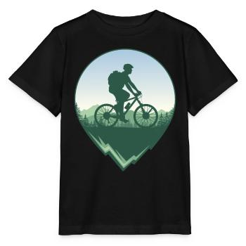 Mountain bikers in front of forest and mountains - Stanley/Stella MINI CREATOR Kids’ T-Shirt - black - Front - Mikhail (115cm)
